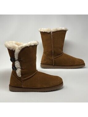 Suede Mid Calf Boots Women 8 Chestnut Brown Faux Fur Button Trim Cozy
